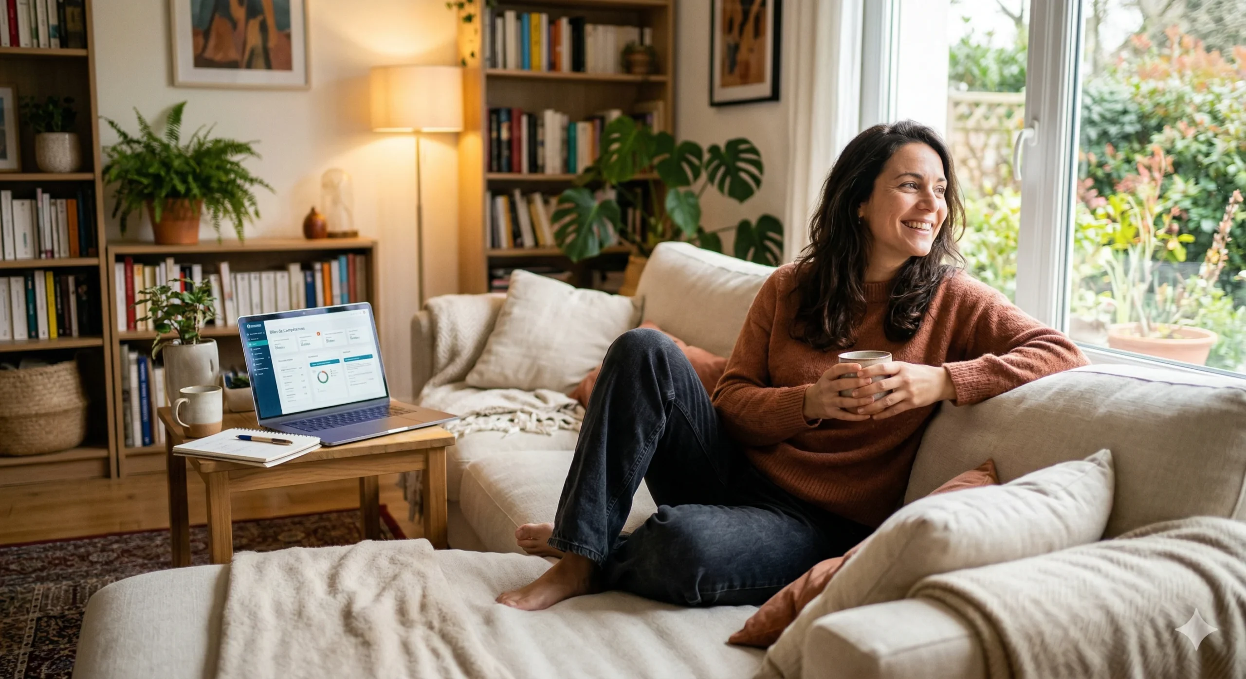 Femme retrouver l'équilibre après burn-out sur son canapé