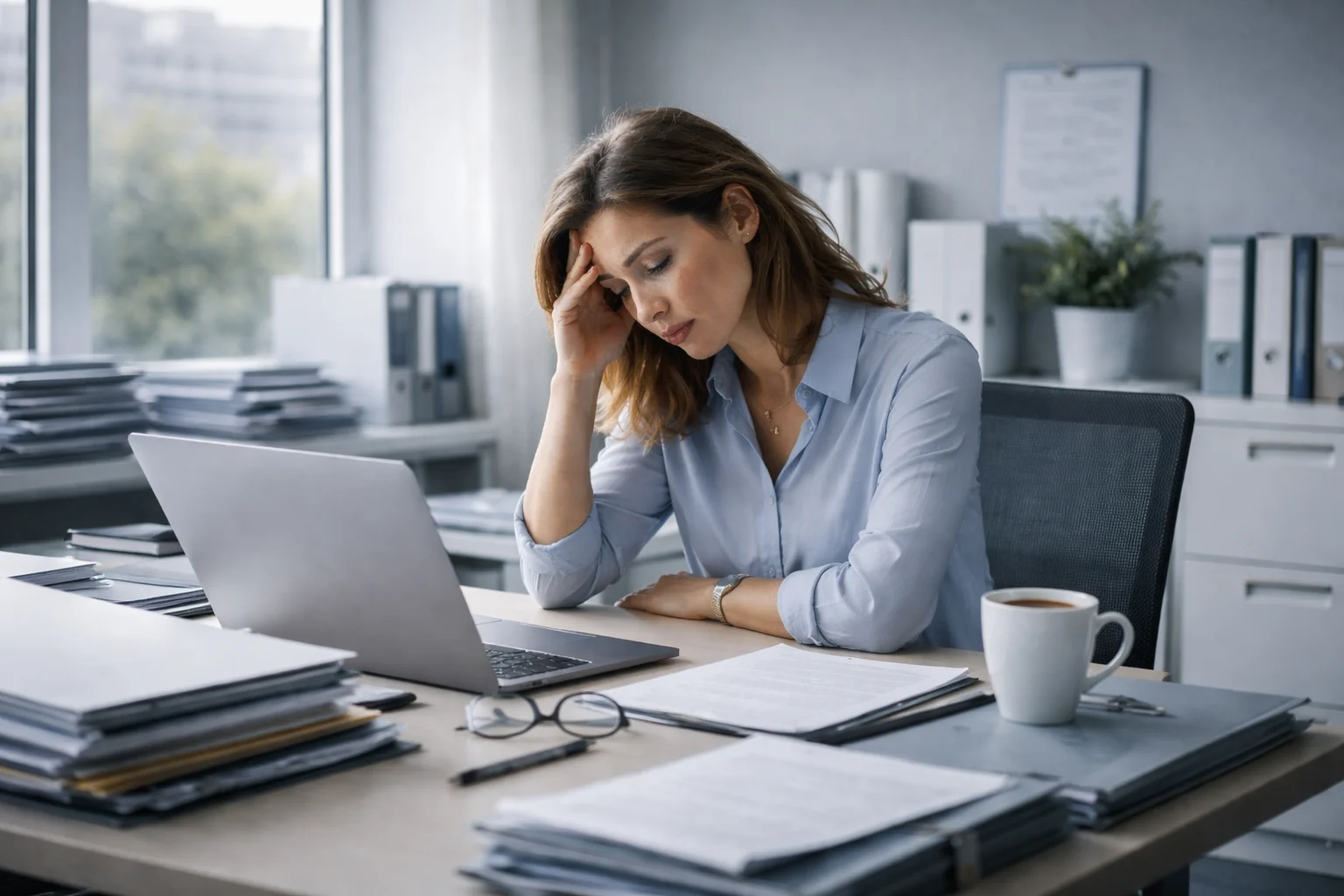 Retrouver du sens au travail après un burn-out – employé épuisé au bureau en réflexion sur son avenir professionnel