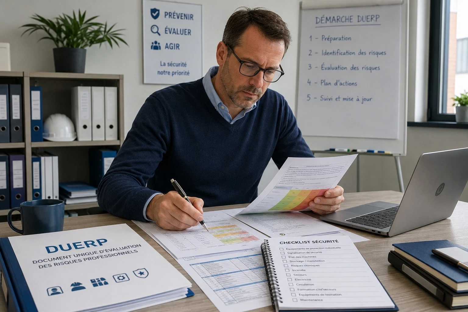 Rédiger un DUERP en entreprise – responsable sécurité analysant les risques professionnels dans un bureau