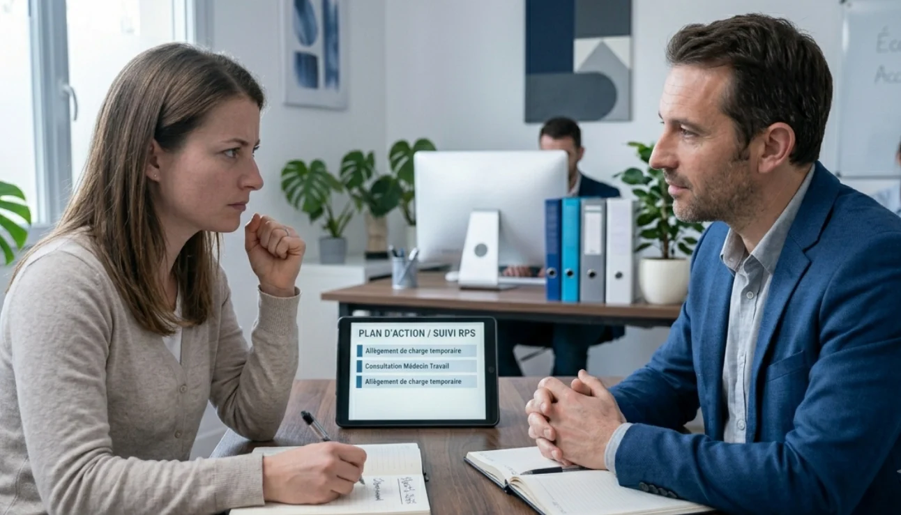 Salarié confronté au stress au travail échangeant avec son employeur