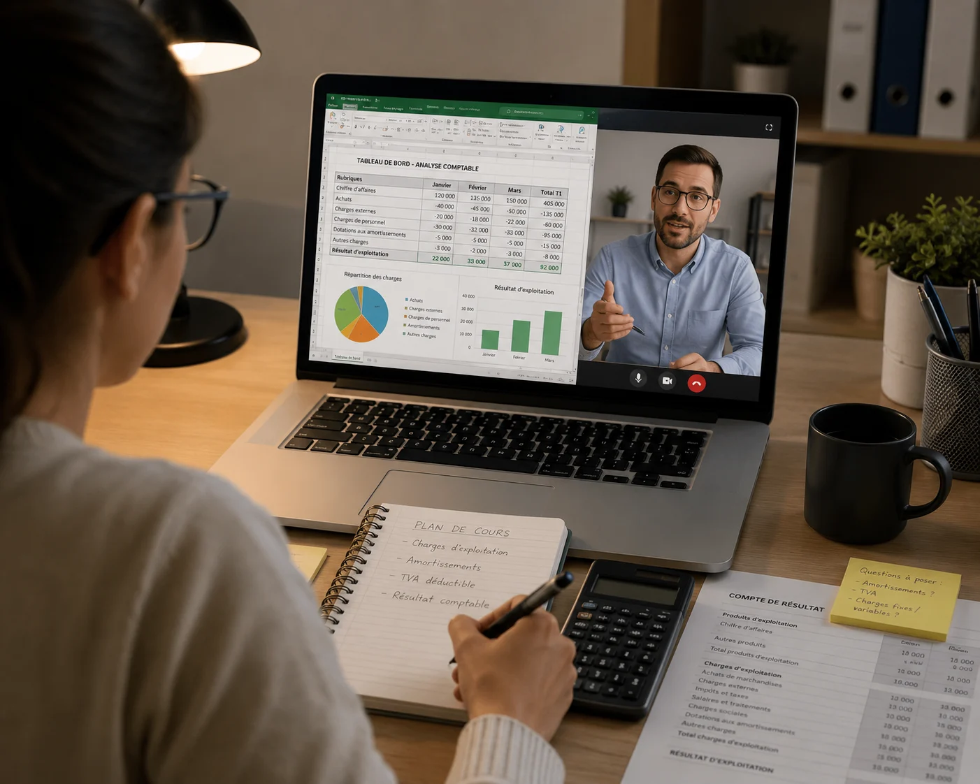 Formation comptable assistant en ligne : personne suivant un cours de comptabilité à distance sur ordinateur