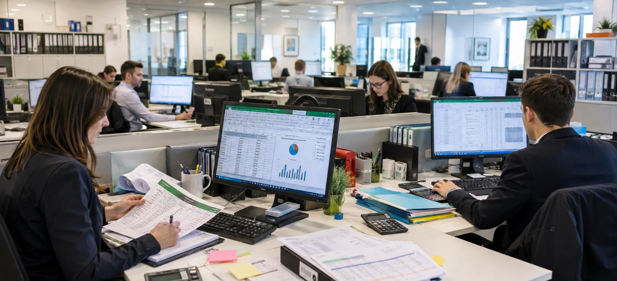 Comptable assistant travaillant sur des documents financiers en cabinet comptable ou en entreprise