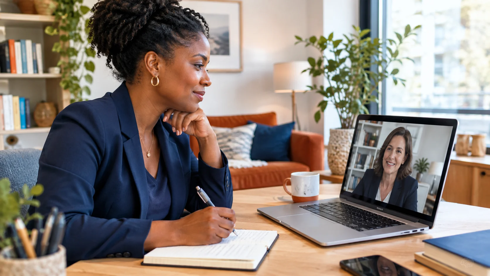 Femme noire adulte HPI en visioconférence pour un bilan de compétences sur l’hypersensibilité au travail