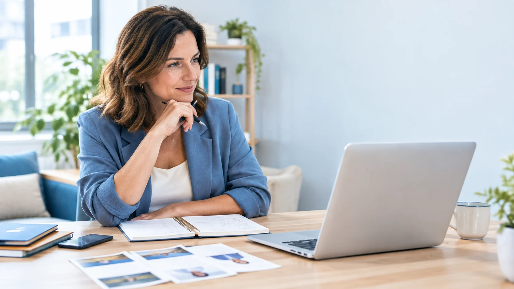 Personne préparant sa reconversion professionnelle avec un ordinateur et un carnet de projet